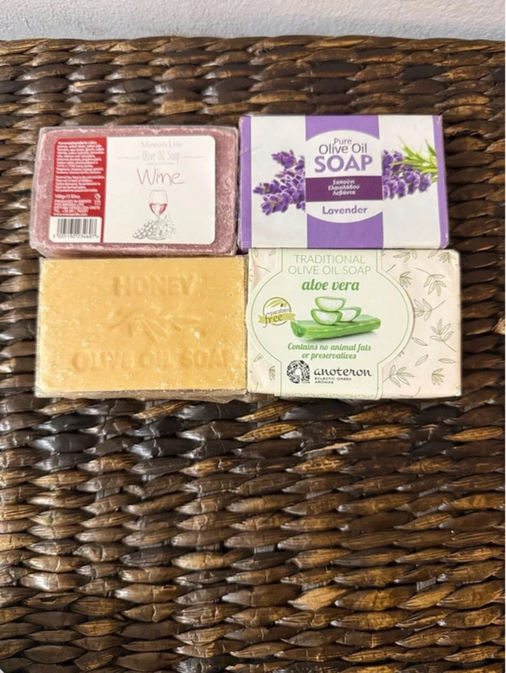 Set of 4 Assorted Greek Olive Oil Soap Bars: Wine, Lavender, Honey, & Aloe Vera